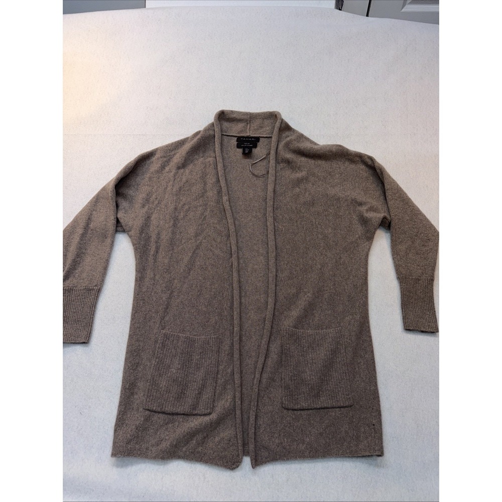 Tahari 100% Cashmere Cardigan Sweater Womens Small Lt Brown Pure Luxe Open Front
